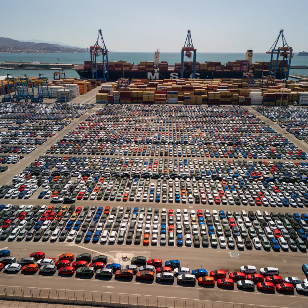 Véhicules alignés dans un port maritime